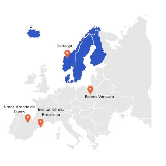 An illustration of a map of Europe highlighting Norway, Sweden, Finland, Iceland and Denmark in dark blue. Four location markers are shown on the map: one in Norway, one in Warsaw, Poland, one in Aranda de Duero, Spain, and one at Institut Nòrdic, Barcelona, Spain.